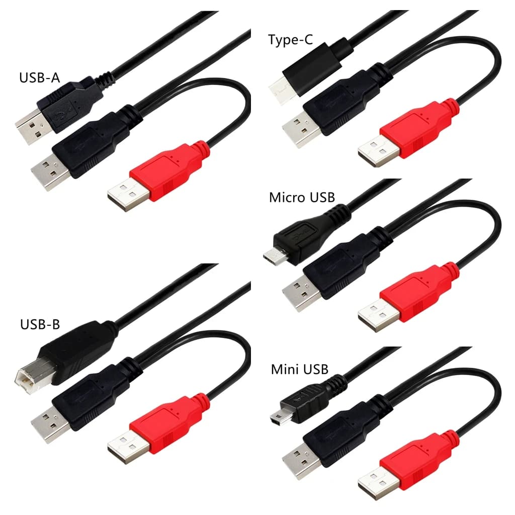 2 in 1 USB 2.0 Double A Type 2A Male to Mini Micro 5 Pin Type-C Y Cable For Mobile Hard Disk Drive HDD Date Cable Portable Wire
