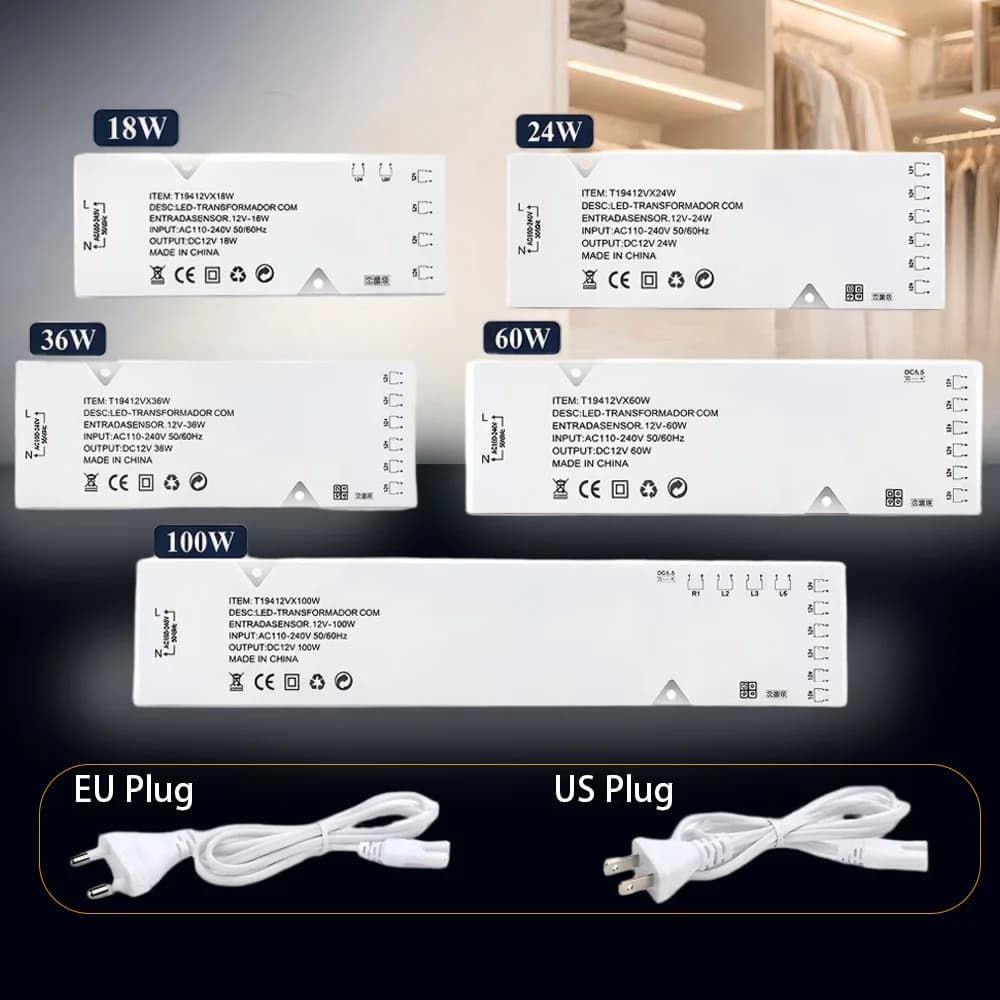 12V LED Lighting Transformer 18W-100W Multi-power Power Supply Adapter EU/US Plug Dupont Port LED Strip Driver DIY Home Cabinet