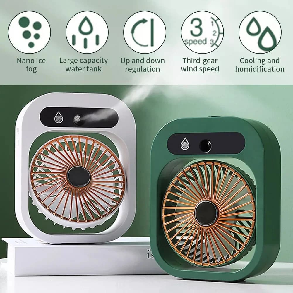 Ventilatore nebulizzatore e umidificatore ricaricabili USB compatti per casa e ufficio 3 modalità eoliche per un'esperienza di raffreddamento personalizzata