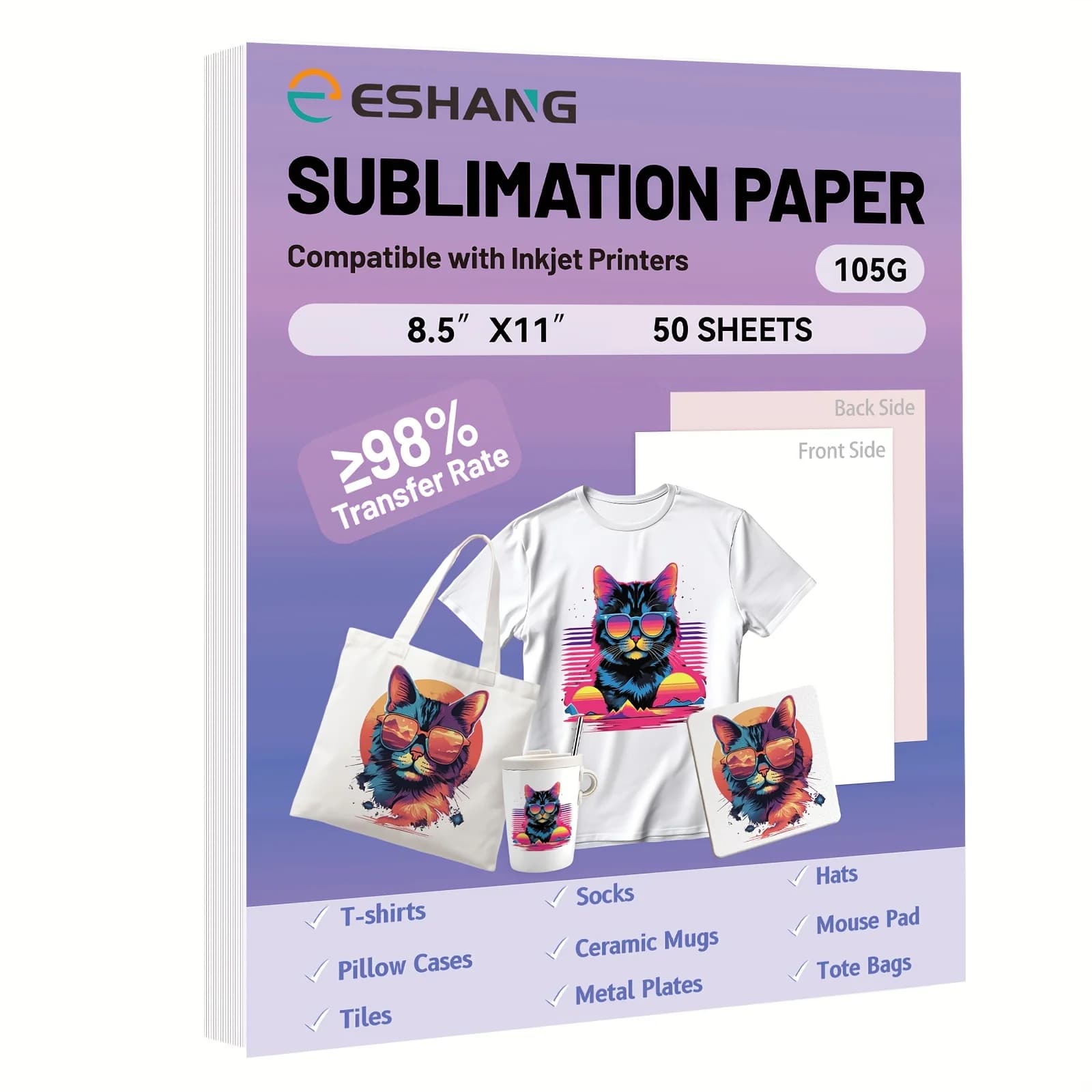 ESHANG Carta per sublimazione Carta per trasferimento di calore 8.5x11 IN 105G Stampante a getto d'inchiostro con inchiostro per sublimazione per tazza T-shirt Tessuto leggero Fai da te