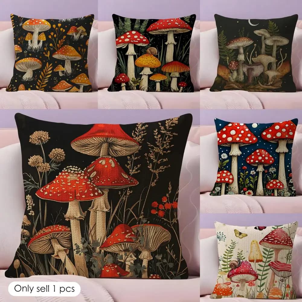 Mushroom illustrations Cushion Cover Natural Linen Pillow Cover Double-Sided Print Cushion Cover for Sofa Home Decor