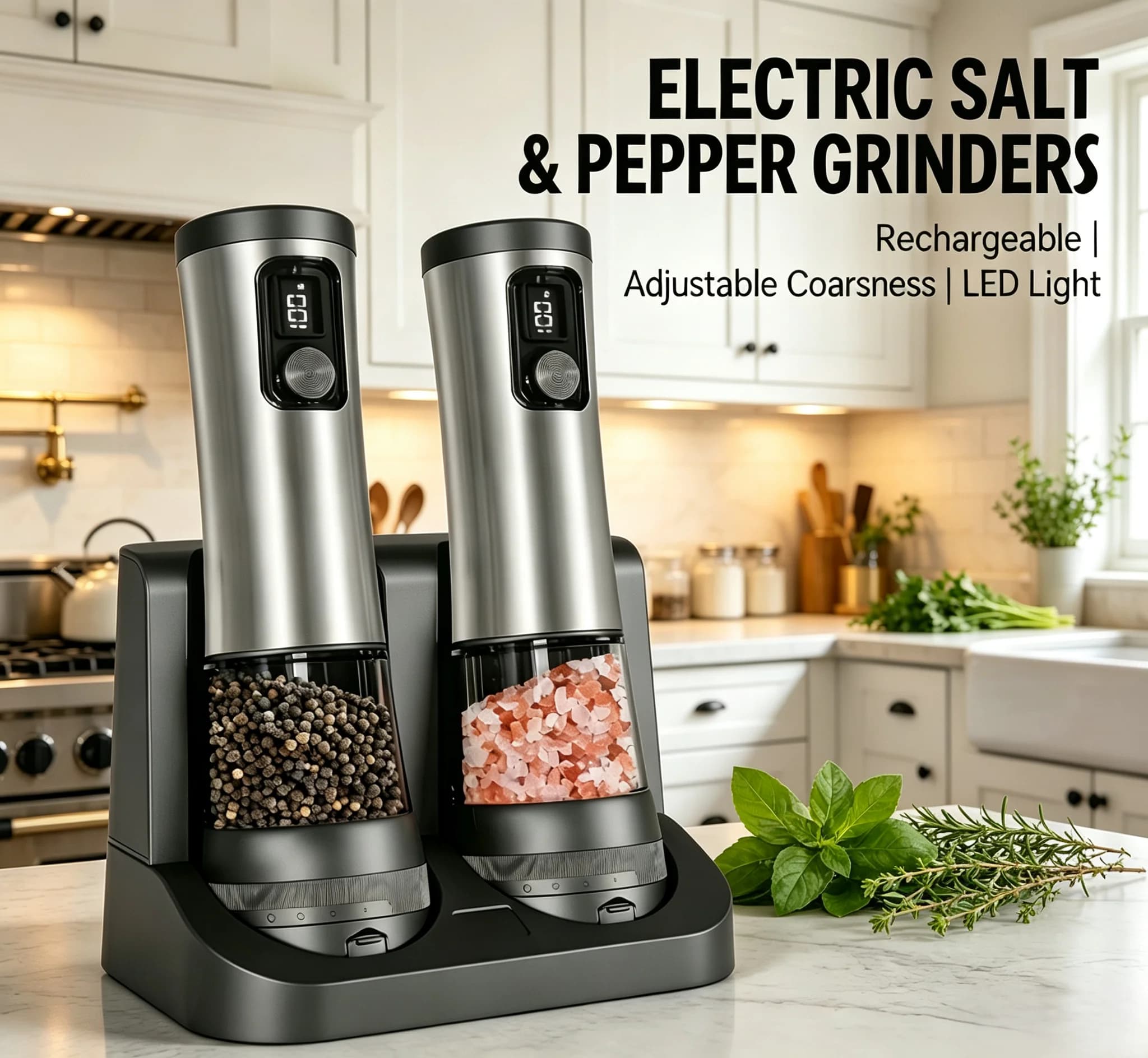 Electric Salt and Pepper Grinder Set, 5-Level Adjustable Coarseness, LED Display, Kitchen Tool for Spices