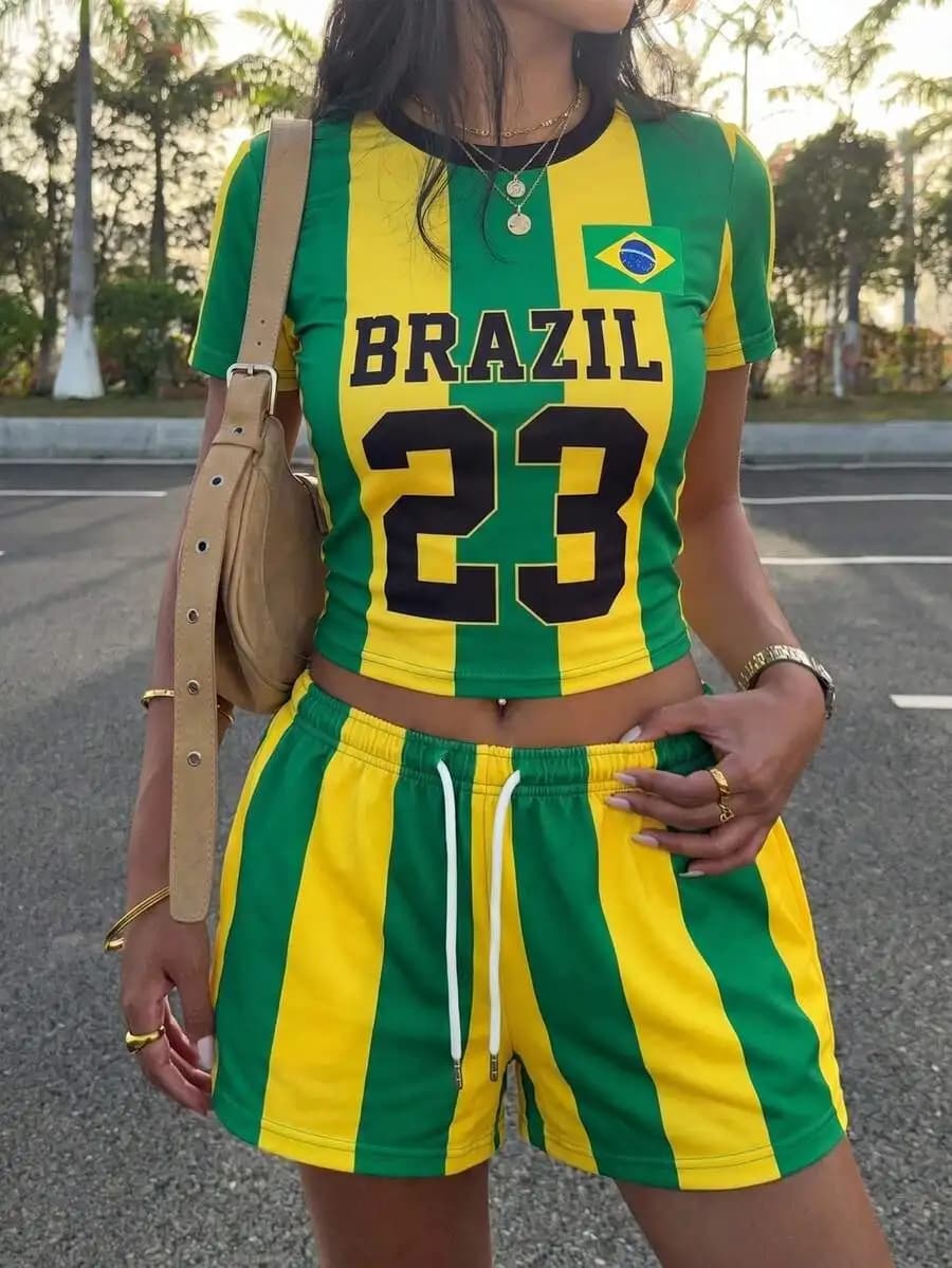 Set di top corto e pantaloncini a righe ispirati alla bandiera brasiliana per donna, completo sportivo estivo casual in due pezzi