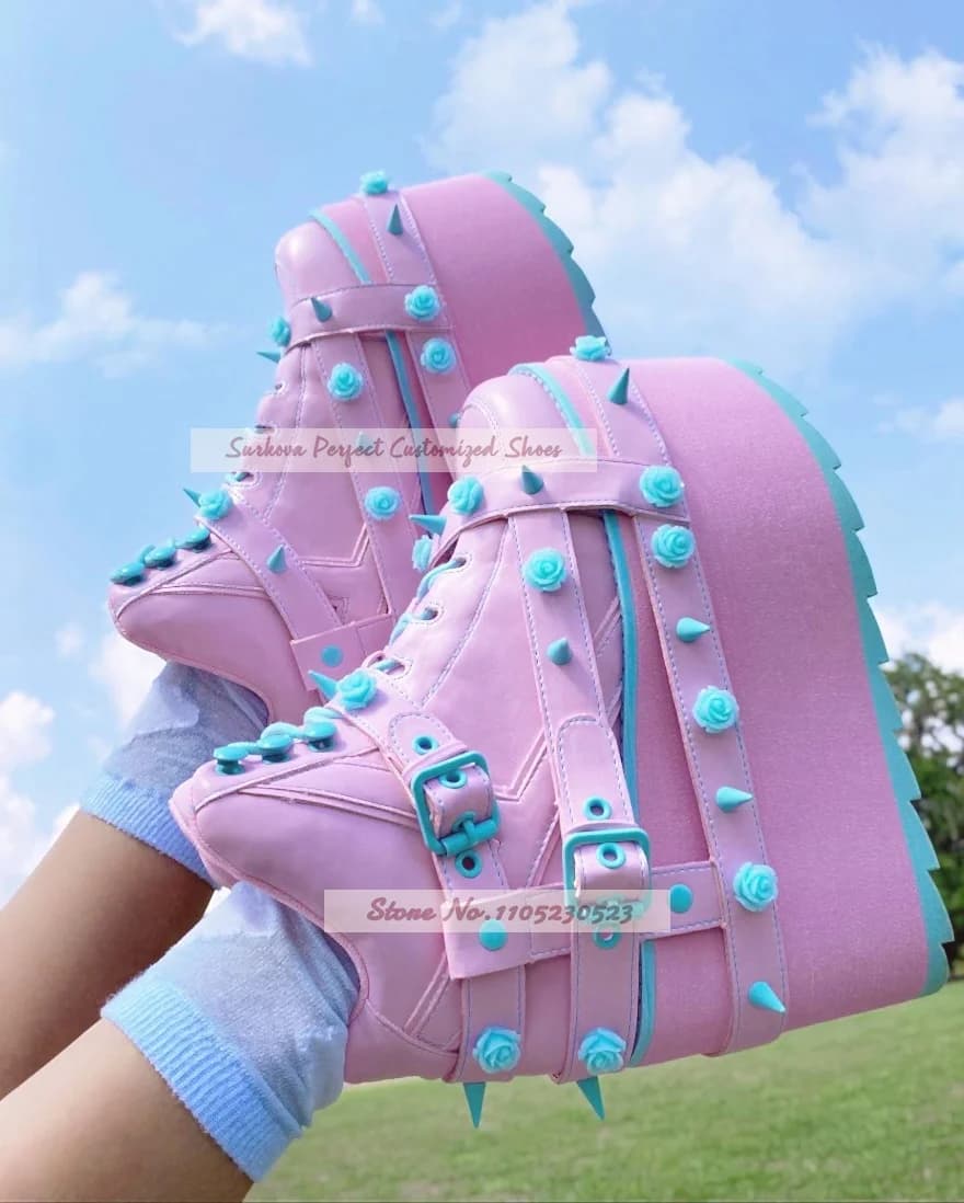 Women Pastel Goth Platform Ankle Boots Pink Mint Rose Spike Decor High Top Wedge Sneakers Sweet Cosplay Party Punk Style Shoes