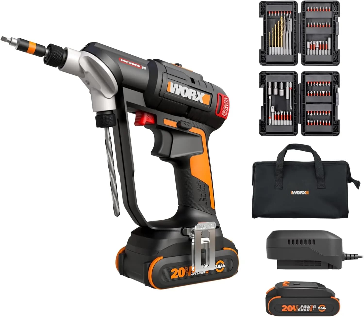 Trapano Avvitatore a Batteria 20V, 445 in·lb Brushless, Design 2-in-1 con 85 Punte, Batteria e Caricabatterie Inclusi, PowerShare