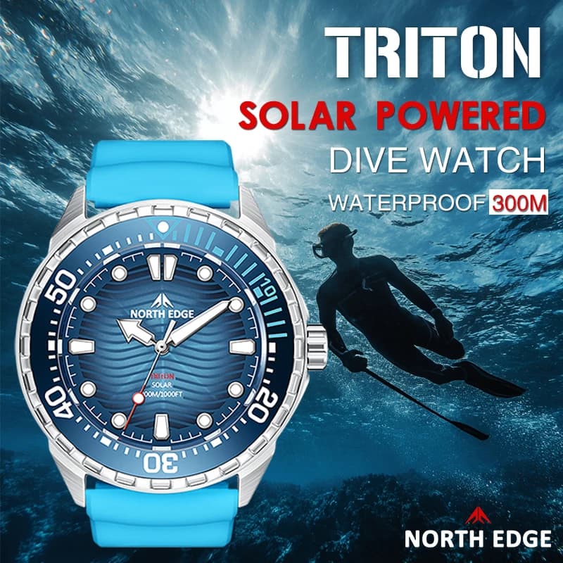 NORTH EDGE 2025 New TRITON Solar Powered Dive Watch Men Luxury Quartz Watches For Men 316L Stainless Steel Case Waterproof 300M