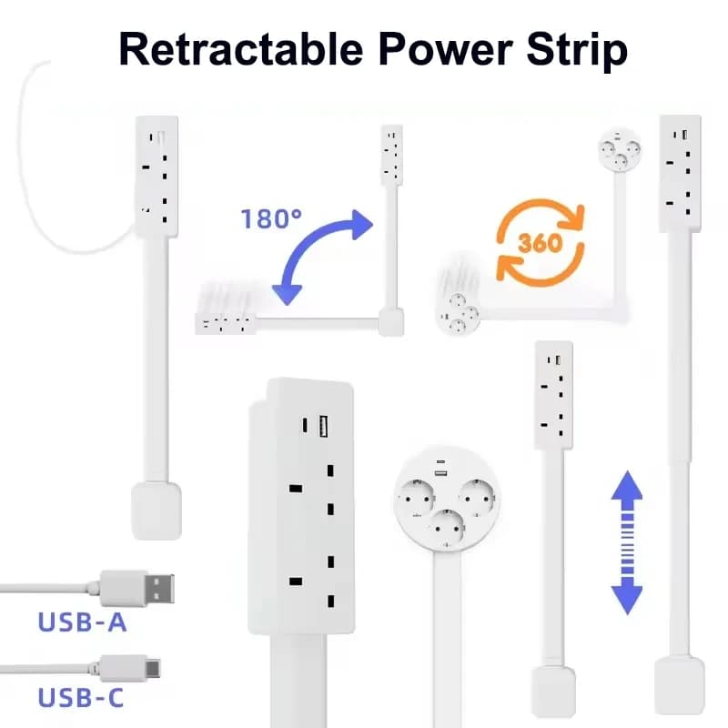 Prolunga per Presa di Corrente con 2 Prese AC, 1 Porta USB A e 1 Porta USB C, Plug and Play, Rotazione a 180 Gradi, Versatile per Divano