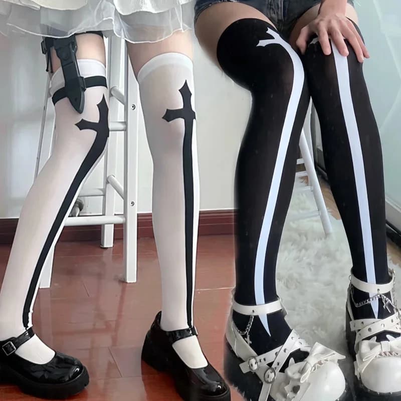 Retro Gothic Lolita Cross Print Over Knee Stockings Gothic Cosplay Japanese JK Girls Long Sock Polyester Women Sexy Club Socks