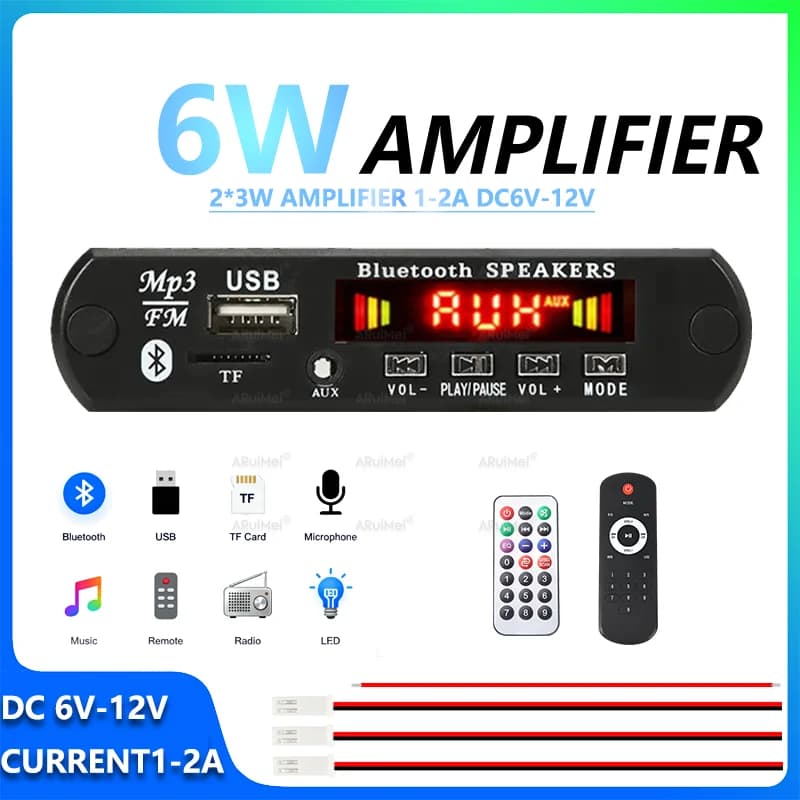 Scheda Decoder Audio Bluetooth 5.0 2x3W MP3 Radio FM TF USB AUX con Telecomando Microfono Registrazione DC5V-12V