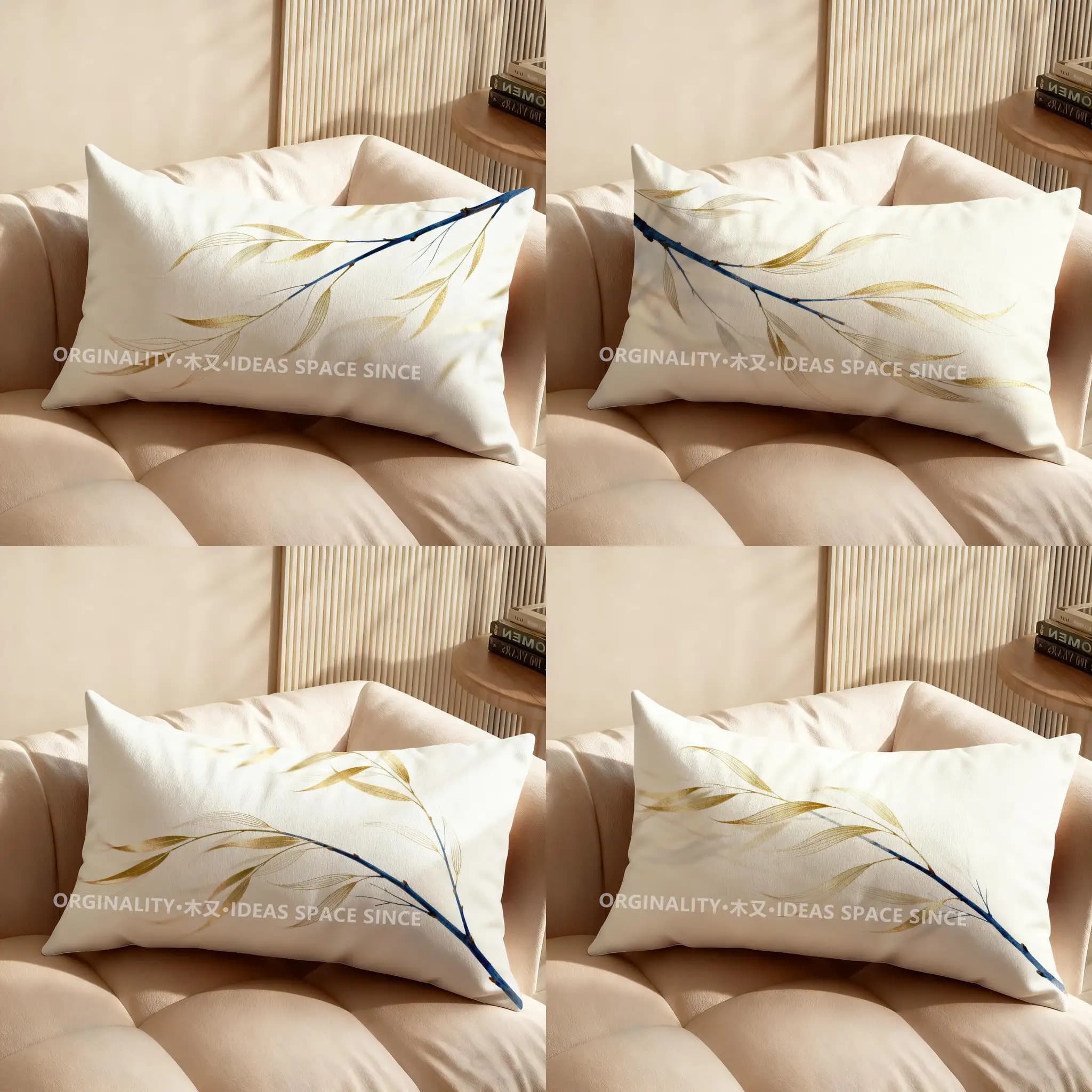 Elegant blue and gold branch shaped 2D cushion, suitable for sofa, bedroom, car, pillow case, rectangular back cushion