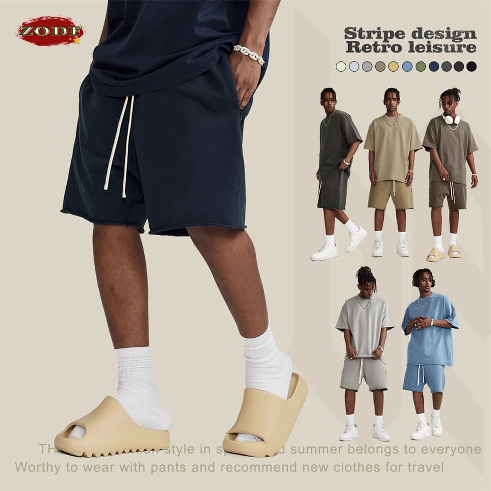 ZODF New Summer Men Retro Washed Shorts Unisex Drawstring Loose Edge 420gsm Solid Knee Length Cotton Pants Streetwears HY0589