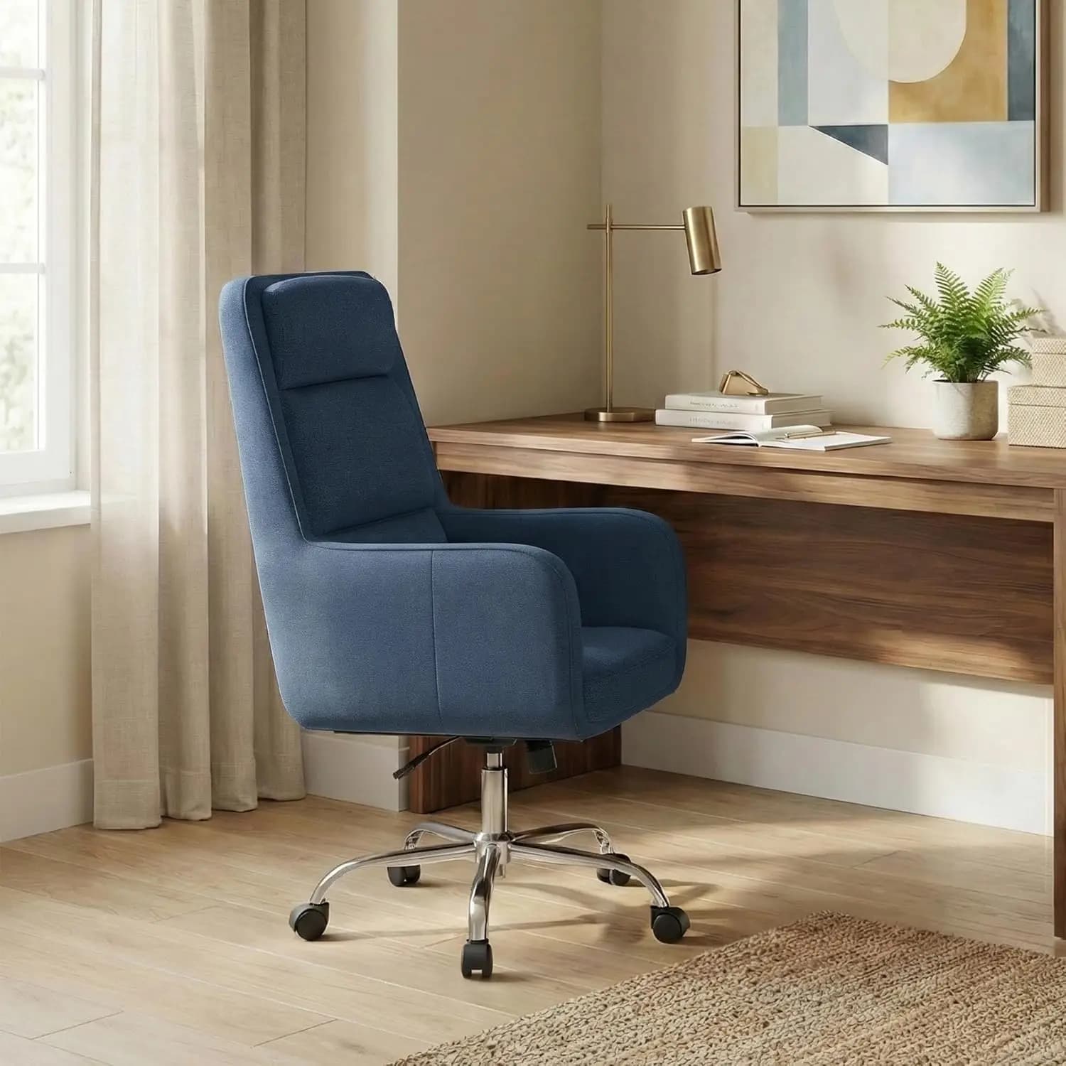 Sedia da Ufficio Ergonomica Imbottita con Schienale Alto, Ruote, Supporto per Testa e Lombare, Braccioli, Blu, Personalizzabile