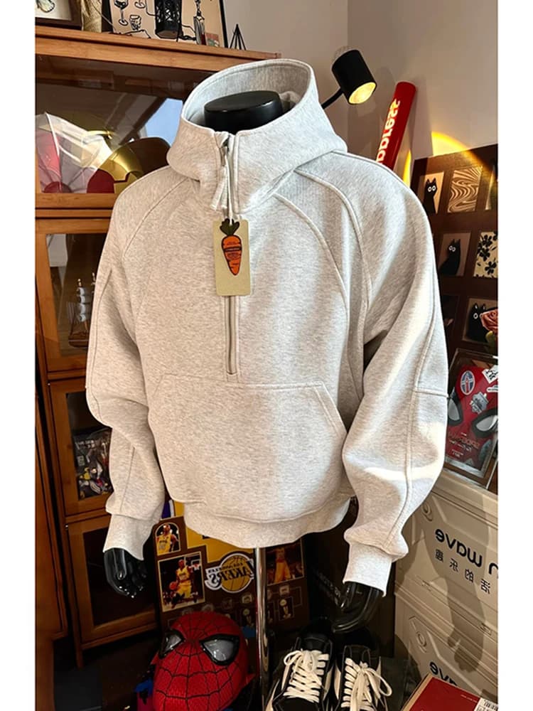 American Style Deconstructed Half Zip Hoodie Men's Short Wide Heavyweight Casual Sweatshirt Standard Fit Long Sleeve Hooded