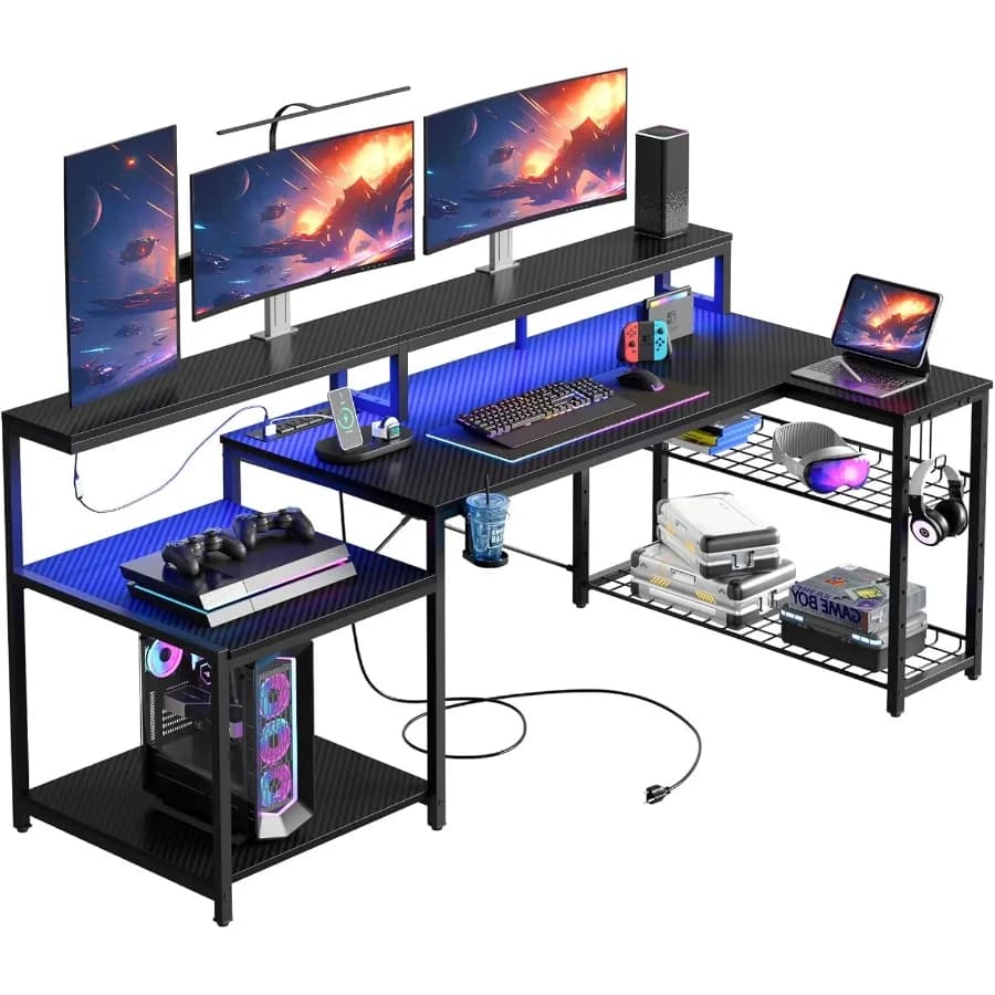 71.5 inch L-shaped gaming desk with built-in current socket LED monitor support Metal shelf Corne headphone hooks