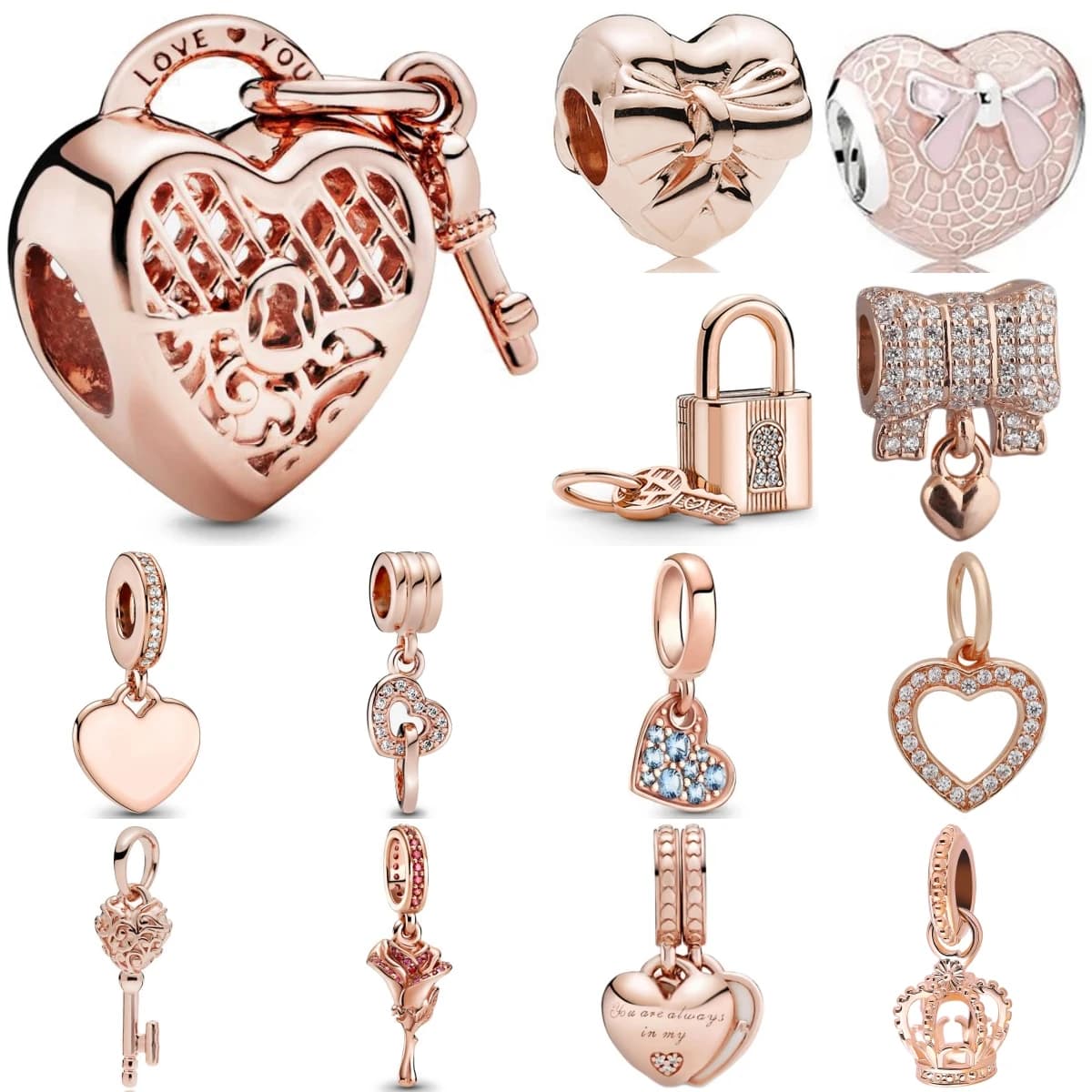 Bigiotteria in argento sterling 925 con serrature e chiavi in oro rosa, ciondolo con catena 925, adatto per bracciale originale, accessori, gioielli fai da te per ragazza