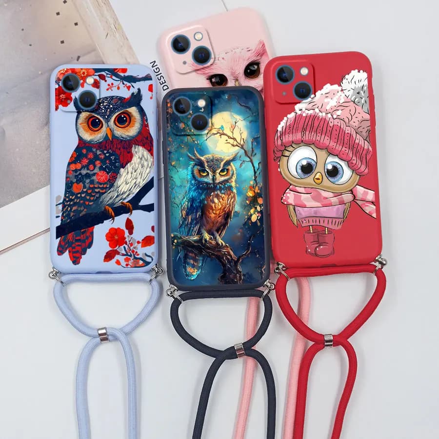 Case with shoulder strap with cute owl for iPhone 15 13 14 12 11 Pro Max Mini XS XR X 6 6s 8 7 Plus Matte Silicone Case