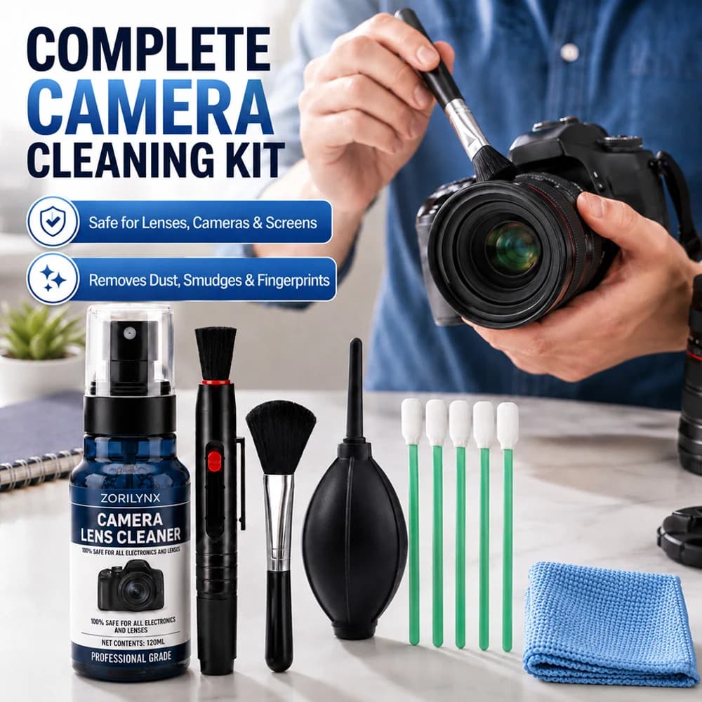 Kit Professionale per la Pulizia della Fotocamera: Pulitore per Lenti e Sensore, Soffiatore d'Aria, Pennello, Tampone, Panno per DSLR Canon Nikon Sony, Rimozione Polvere PC