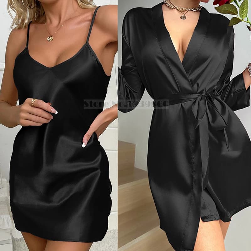 New Spring Summer Femake Robe Night Shirt Sexy Mini Kimono Black Dress Dress Night Dress Silent Satin Lounge Wear