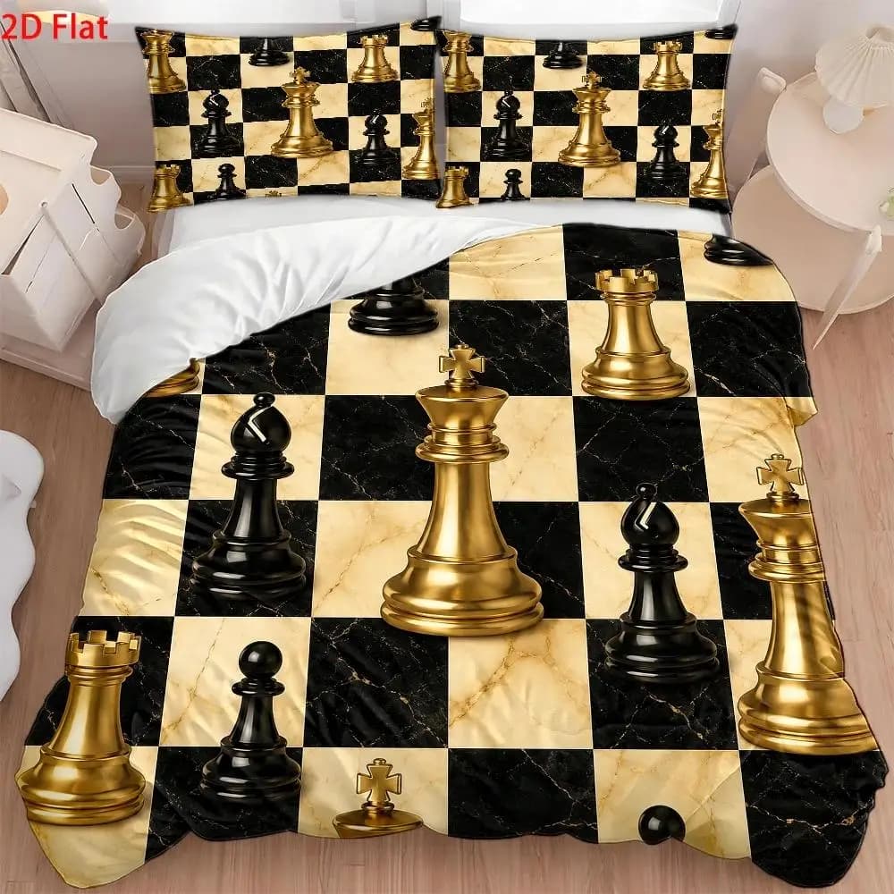 3Pc Light Luxury Style Chess Print Quilt Cover Set, 1*Quilt Cover + 2*Pillowcases, Modern Minimalist Double Bed Bedding Set, Skin-Friendly, Breathable, Machine Washable, Suitable for All Seasons, Invisible Zipper, Anti-Wrinkle, Easy to Clean, Durable, Nordic Style Bedroom Decor Bedspread Set, Suitable for Home Master Bedroom, Guest Room, Student Dormitory, Soft and Comfortable Quilted Duvet Cover Set, Large Double Bed Cover Set, Three-Piece Duvet Cover Set for Double Bed