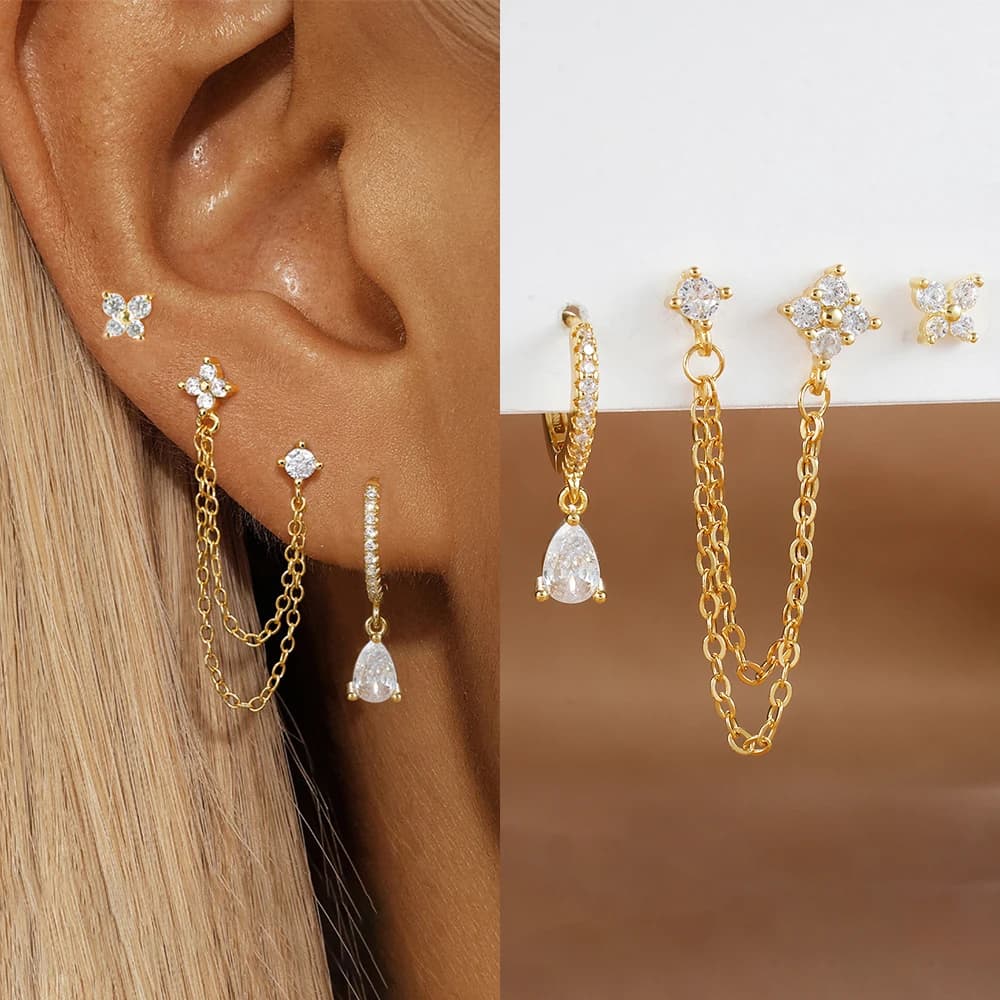 3 pezzi set in acciaio inossidabile cristallo CZ farfalla orecchio orecchino a bottone placcato oro pendente goccia d'acqua cartilagine orecchino gioielli penetranti