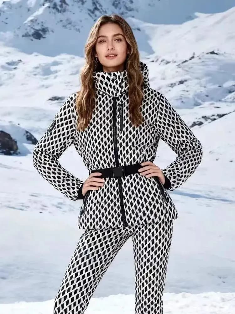 Parka sportivo imbottito a vita alta con cappuccio invernale da donna Cintura da donna Elegante tasche spesse e calde Cerniera Giacche da sci antivento