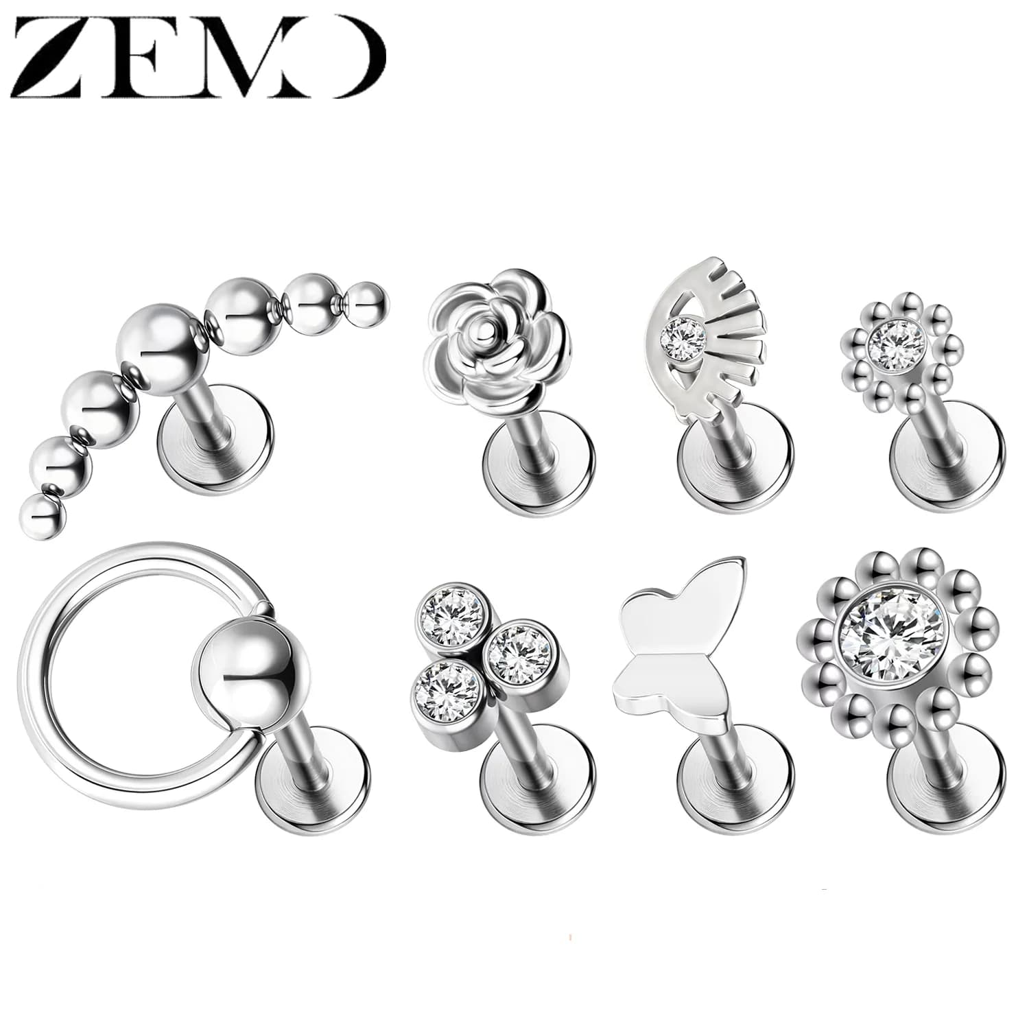 ZEMO 1 Piece 16G Stainless Steel Labret Lip Studs Zircon Flower Butterfly Lip Piercings Earrings Helix Tragus Piercings 6/8/10MM