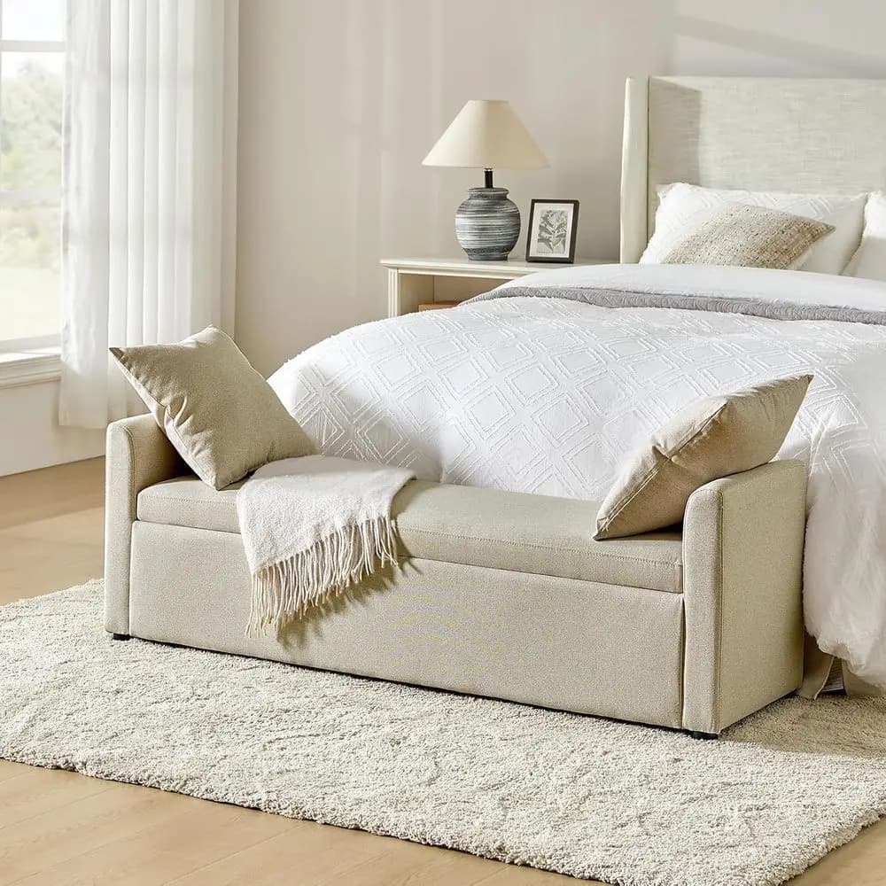 Panca Imbottita con Contenitore e 2 Cuscini, Ideale per Camera da Letto o Ingresso, Beige