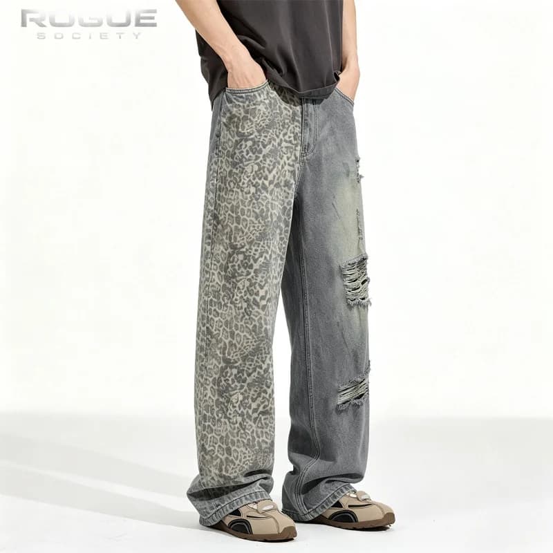 Nuovi Jeans Leopardati Effetto Vissuto Uomo Donna Y2K Patchwork Lavati Denim Streetwear Baggy Grunge Pantaloni Harajuku Hip Hop