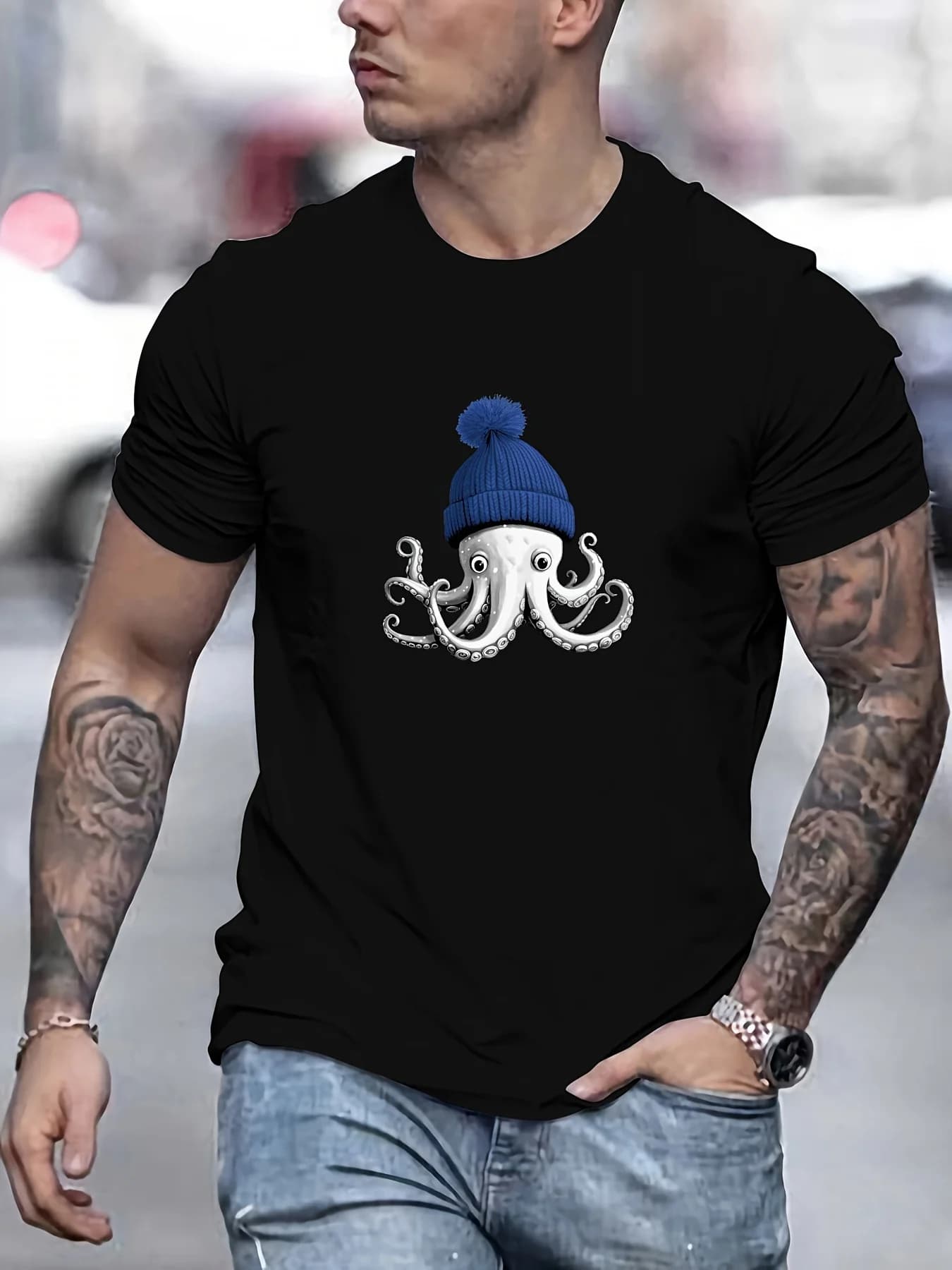 T-shirt casual da uomo in cotone a maniche corte con stampa grafica Octopus Wearing Beanie, maglietta estiva per tutti i giorni