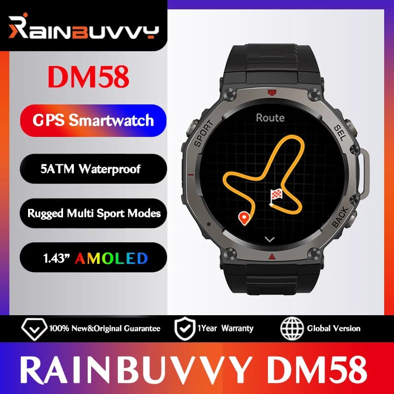 Rainbuvvy DM58 GPS Smart Watch Display AMOLED da 1,43 pollici Supporta GLONASS BDS Galileo NAVIC QZSS 5ATM Smartwatch impermeabile