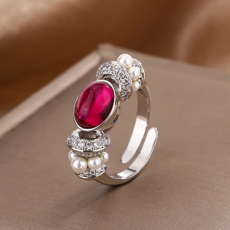Anello gioielli Pietra preziosa colorata Zircone rosso Perla Design Moda Pendolare Versatile Luce Accessori da donna di lusso