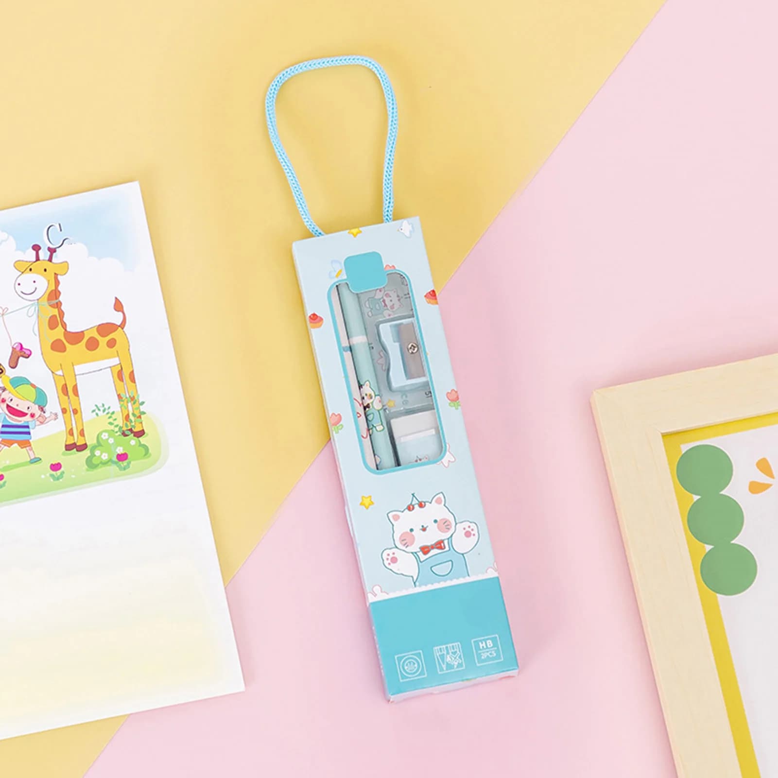 Cartoon Wooden Pencil Stationery Set With Eraser/Scale/Sharpener For School Play