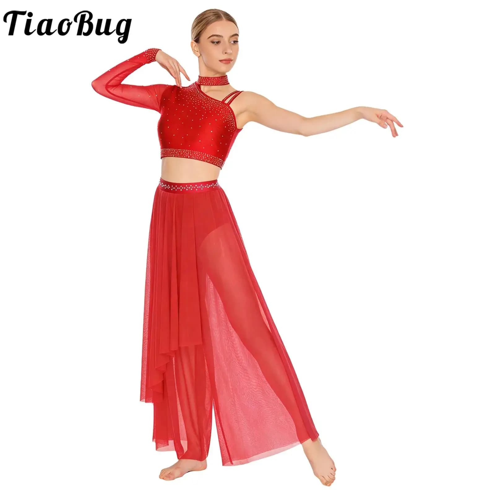 Costume da Pattinaggio Artistico e Danza Moderna per Donne, Abbigliamento Lirico con Top Corto Asimmetrico con Strass e Slip Integrato Irregolare