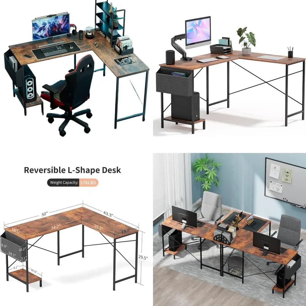 Scrivania a L, per PC Gaming 50 Pollici, Piano in Legno Reversibile, Struttura in Metallo, Tavolo Compatto per Ufficio/Studio/Casa