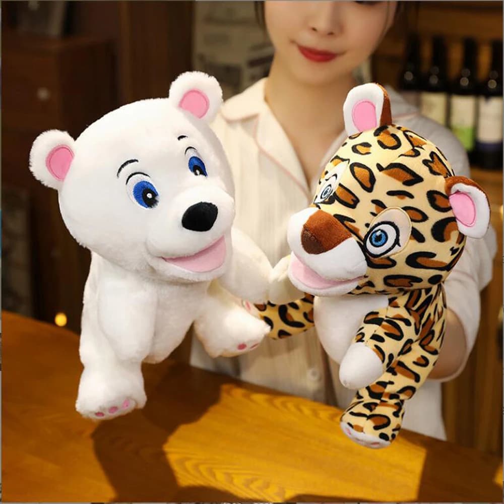 Giocattolo farcito con burattino a mano in peluche con animali leopardo e anatra