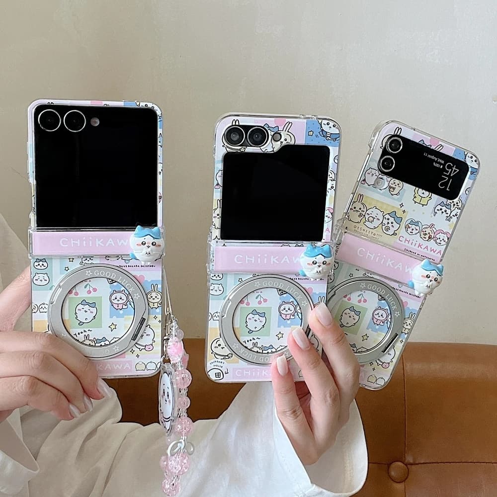Anime Chiikawa Usagi Hachiware 360°Rotation Stand Phone Case For Samsung Galaxy Z Flip 7 6 5 4 3 Cover With Ring Holder Cover