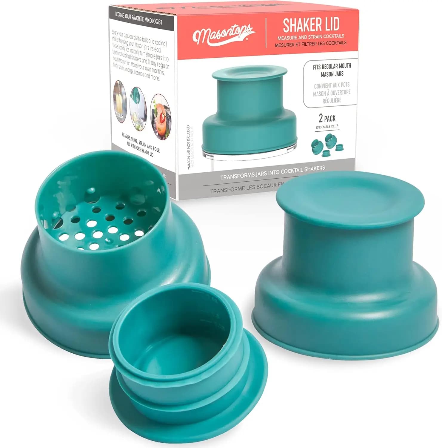 Coperchi per Shaker da Cocktail per Barattoli Mason - Confezione da 2 con Tappi per Bicchierini da 30ml in Teal