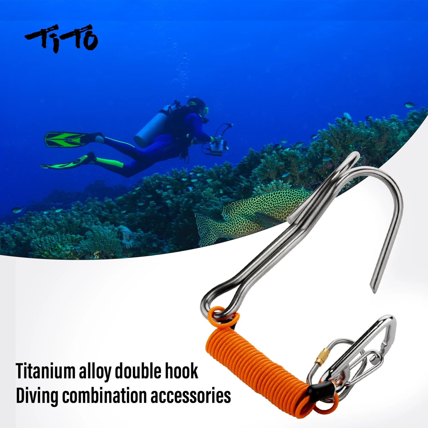 Titan accessori per immersioni in titanio gancio per barriera corallina antiruggine gancio per deriva doppio per immersioni subacquee con gancio telescopico per corda a molla