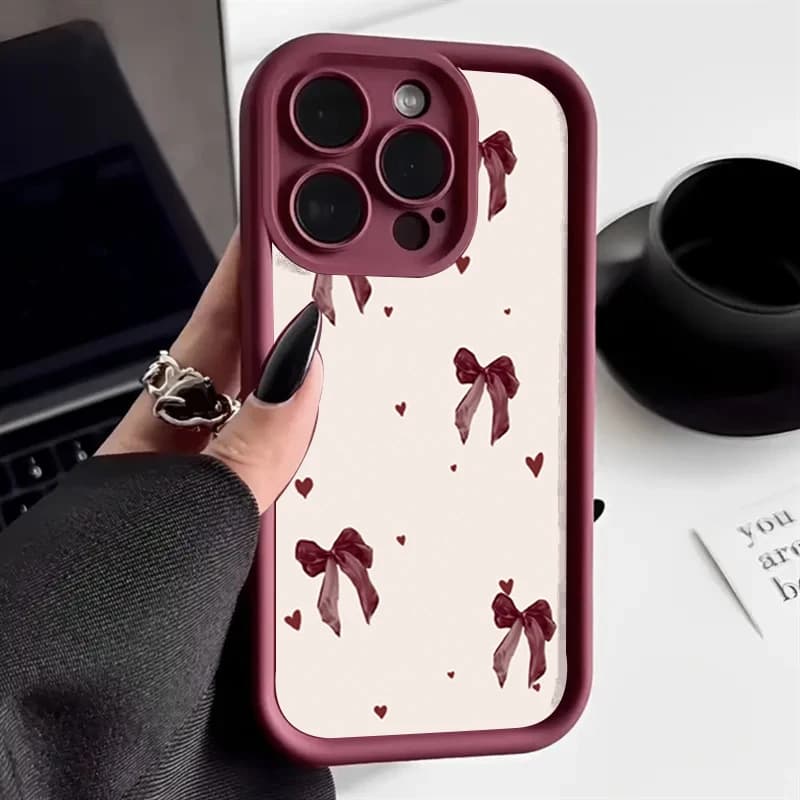 Wine Red Bow Heart Art Pattern Phone Case For iPhone 11 Case iPhone 12 13 14 15 16 17 Pro Max Air X XR XS 7 8 Plus Soft Cover