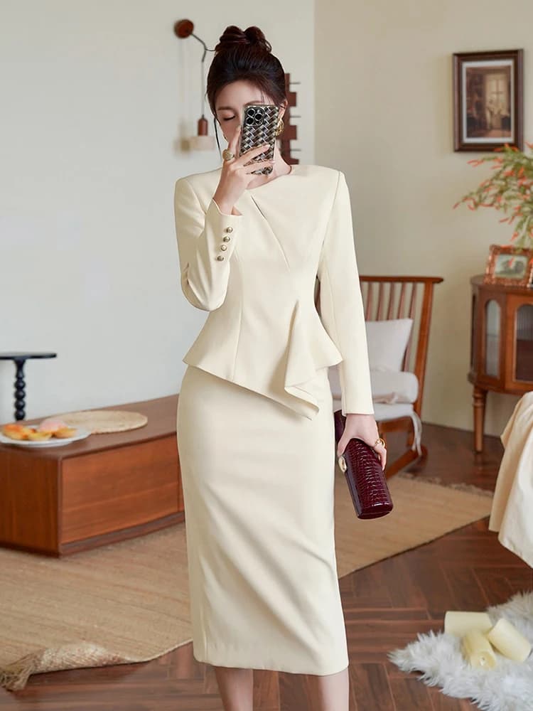 Stile francese Falso 2 pezzi Classico semplice scollo a V Slim Fit Ruffle Midi Abito a tubino Business Formale Lavoro Ufficio Femme Abiti Nuovo