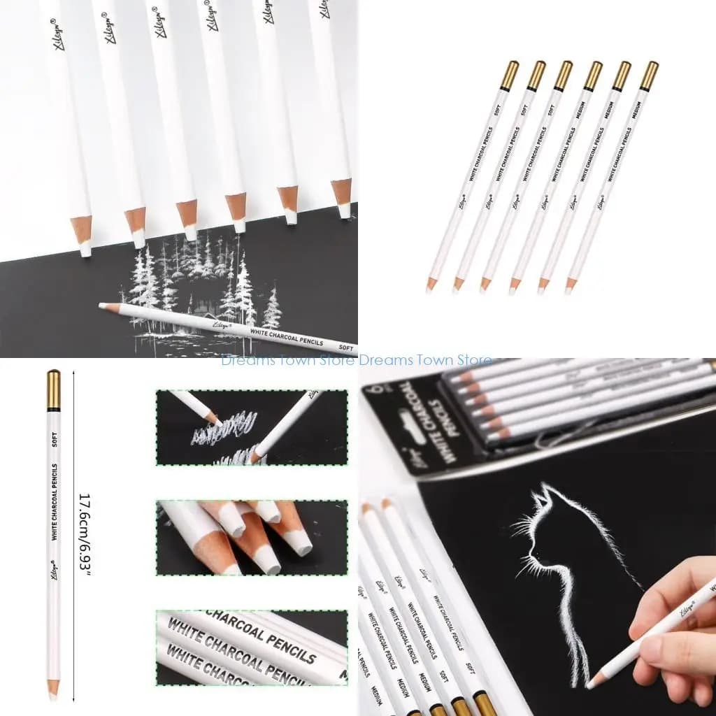 HX6A Set of 6 Prmeium White Charcoal Pencils Set 3 Pcs Soft 3 Pcs Medium Sketch Highlight White Pencils for Ideal for Drawing