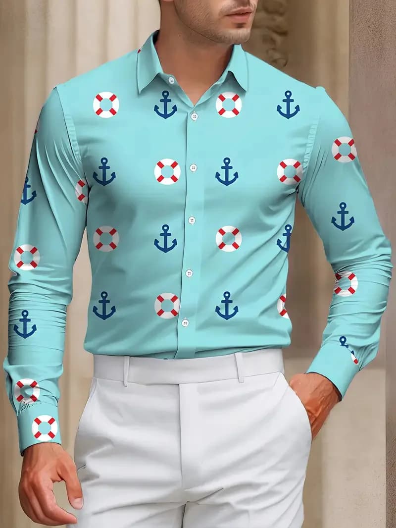 Camicia casual a maniche lunghe da uomo nuova Stampa di ancoraggio in barca 3D Modello blu mare Camicia casual Camicia a maniche corte Abbigliamento da uomo