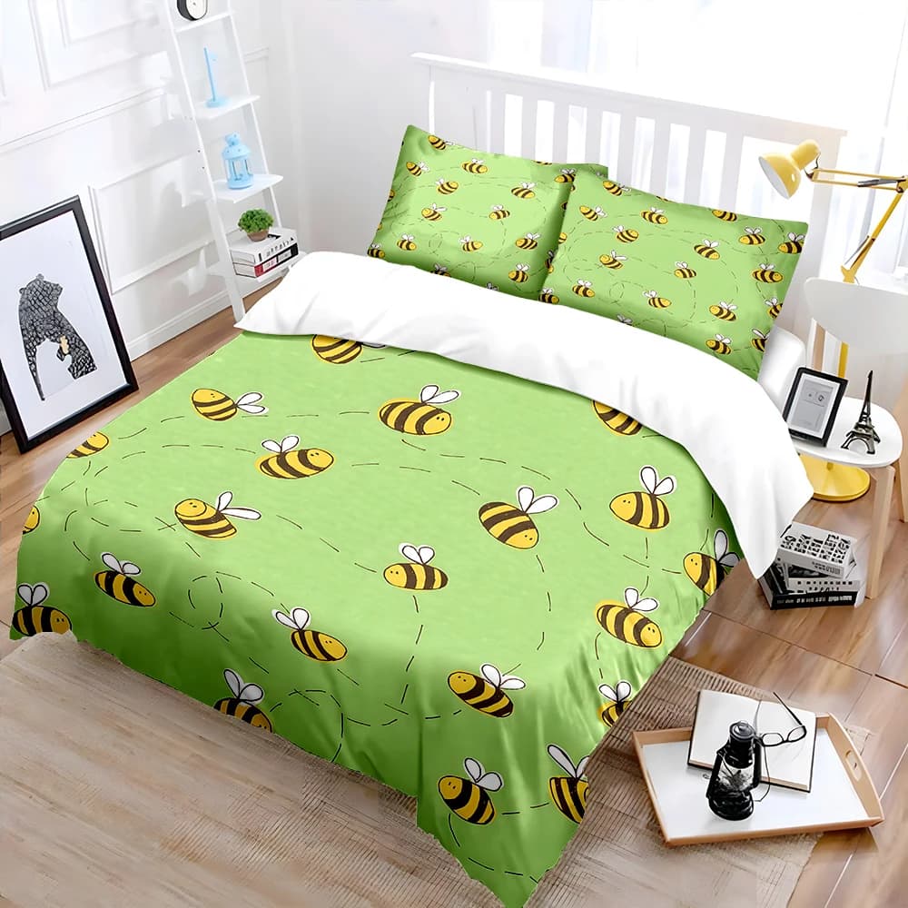 Set di biancheria da letto con stampa api che volano su sfondo verde, 1 copripiumino, 2 federe per adulti e bambini, regalo di lusso, misura completa