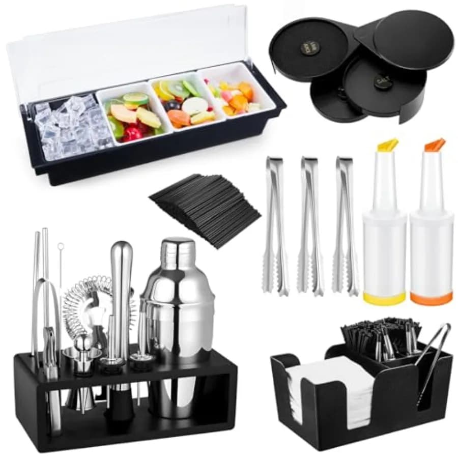 Kit da 23 Pezzi per Barman con Vassoio per Guarnizioni, Portabottiglie a 3 Livelli, Set da 13 Pezzi per Cocktail e Bar