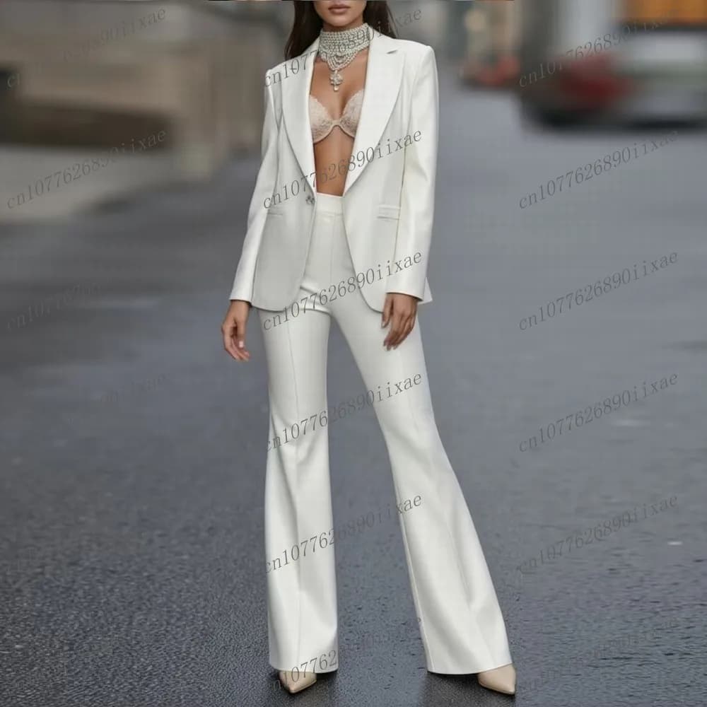 Completo da Donna in Raso di Acetato Bianco, Abito Formale da Cerimonia, Smoking per Madre della Sposa, Set 2 Pezzi Giacca e Pantaloni