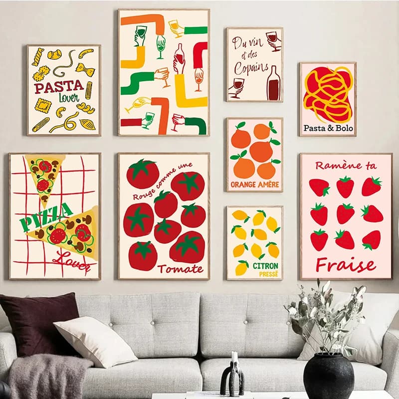 Poster da Parete con Stampa di Limone, Arancia, Fragola, Pizza, Aperitivo, Vino, Quadri Artistici, Pittura Diamantata per Soggiorno e Decorazione Casa