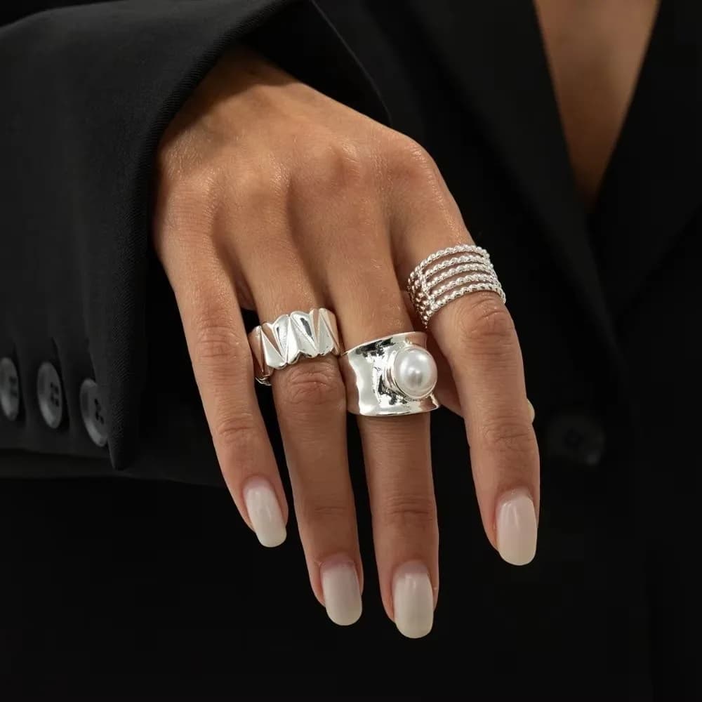 Vintage Heart Shaped Wide Ring Set Inlaid Pearls Exaggerated Joint Rings Alloy Hip Hop Women Jewelry Gift