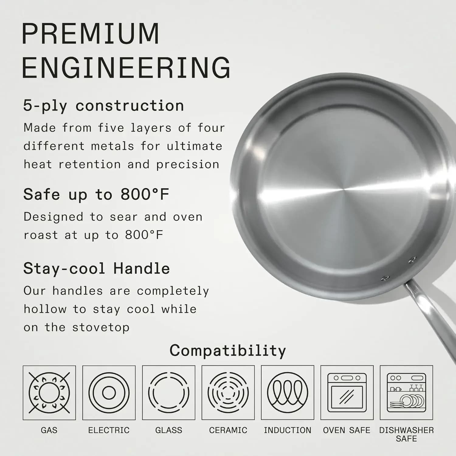 XMSJ.Cookware - Padella in Acciaio Inox da 12 Pollici, 5 Strati, Utensile da Cucina Professionale Realizzato in Italia