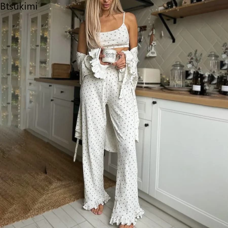 2026 Women's Casual 3PCS Pajama Sets Lover Print Sleepwear Pajama Spaghetti Strap Ruffle Robe Sets with Belt High Waist Pajamas