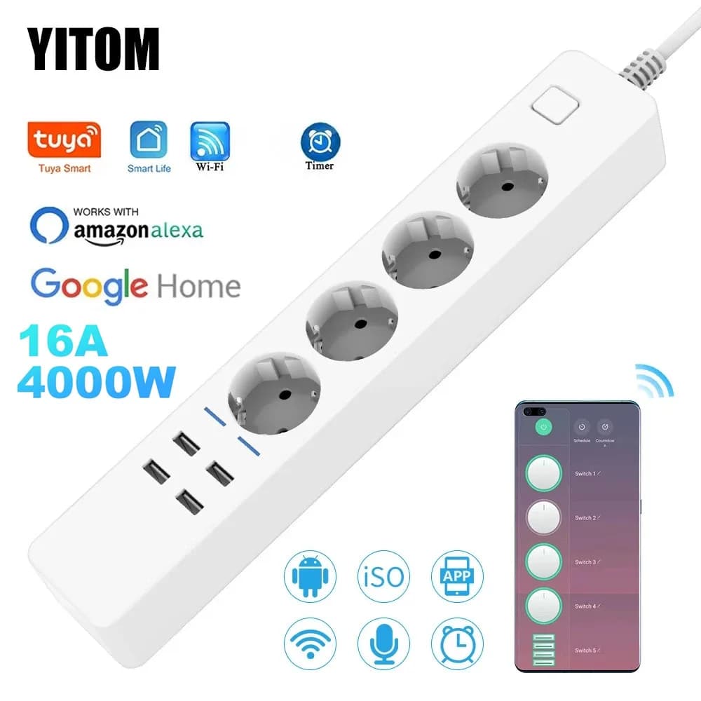 Smart Power Strip Wifi 4 sockets EU Plug 4 USB charging port App timerization Voice control Works with Alexa Google Home Assistant